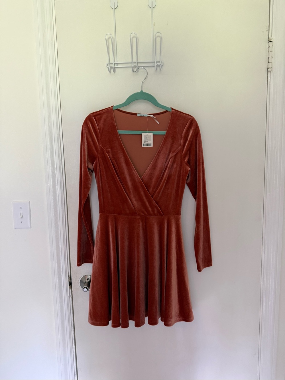 Kimchi Blue Velvet Long-Sleeve Wrap Dress — Rust